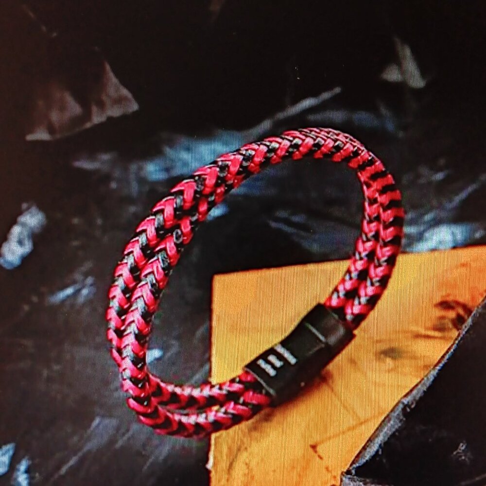 MENS BRACELET LEATHER BRAIDED - BLACK /RED